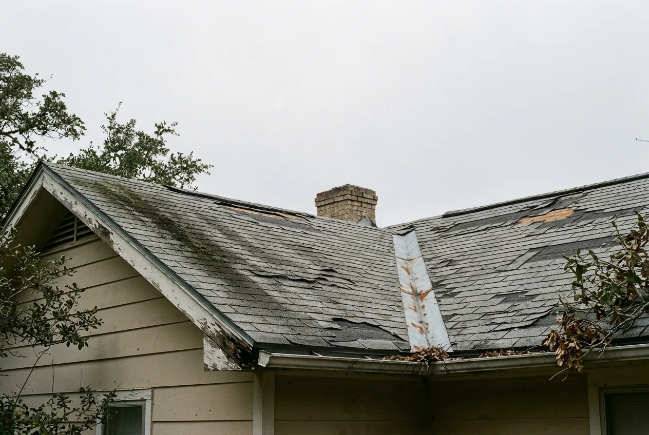 Storm damaged roof in Cleburne, TX before repair by My Roofing